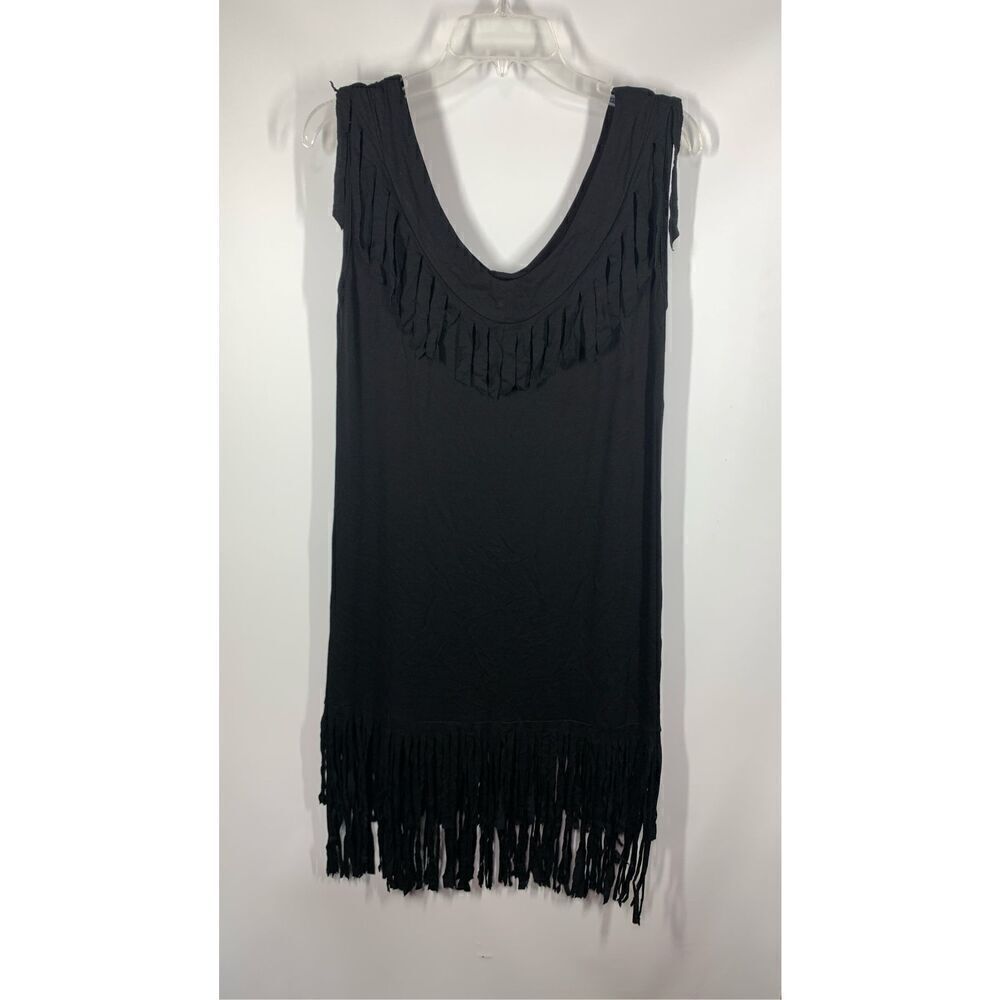 Women's Fringe Sleeveless V-Neck Calf Length Swim Cover Up Black Size Medium